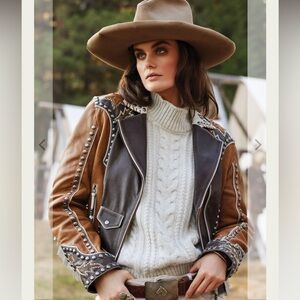 Double D Ranch Leather fringe Jacket studded bucking horse cowgirl RTL $1395 NWT